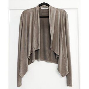 Faux Suede Open Front Draped Waterfall Cardigan / Light Layering Jacket in Taupe